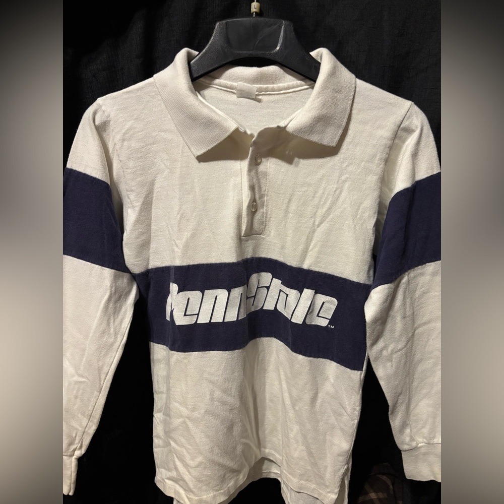 Vintage Adult White and Blue Long Sleeve Rugby Shirt